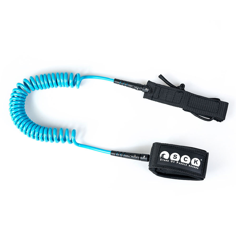 turquoise safety leash included in the inflatable SUP package